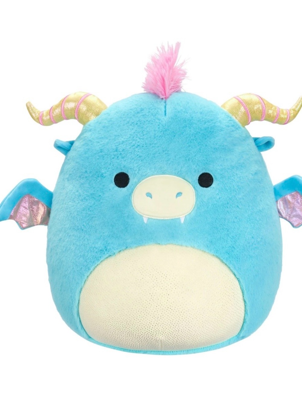 Squishmallows Turquoise Blue Dragon 12” FuzzaMallows, Pink Mane and Gold Horns